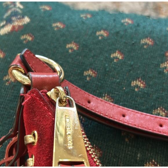 Michael Michael Kors Red and Gold Grommet Whipstitch Suede Fringe Rhea Crossbody - Picture 6 of 11